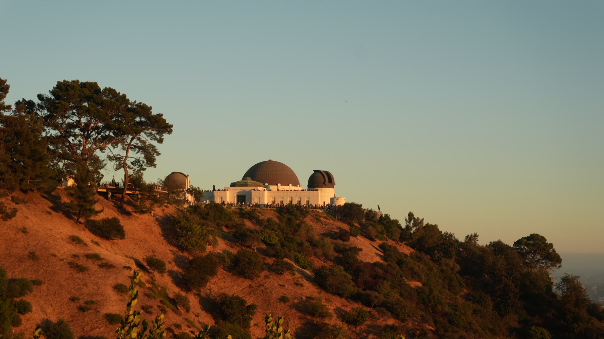 Griffith Observatory on its ridge at golden hour